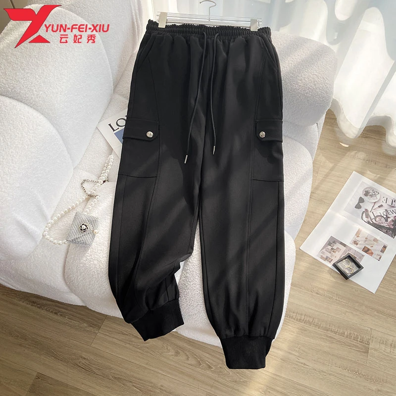 云妃秀大码女装时尚百搭宽松高腰系带小脚哈伦休闲裤春季23004