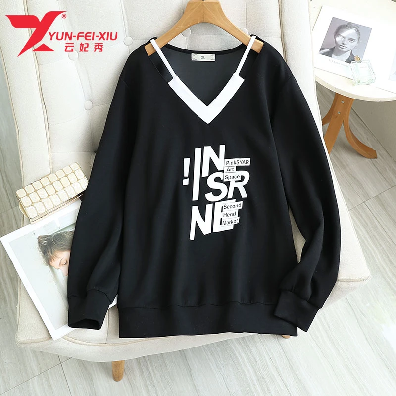 云妃秀大码女装百搭气质显瘦胖妹妹时尚拼接长袖上衣秋季86570