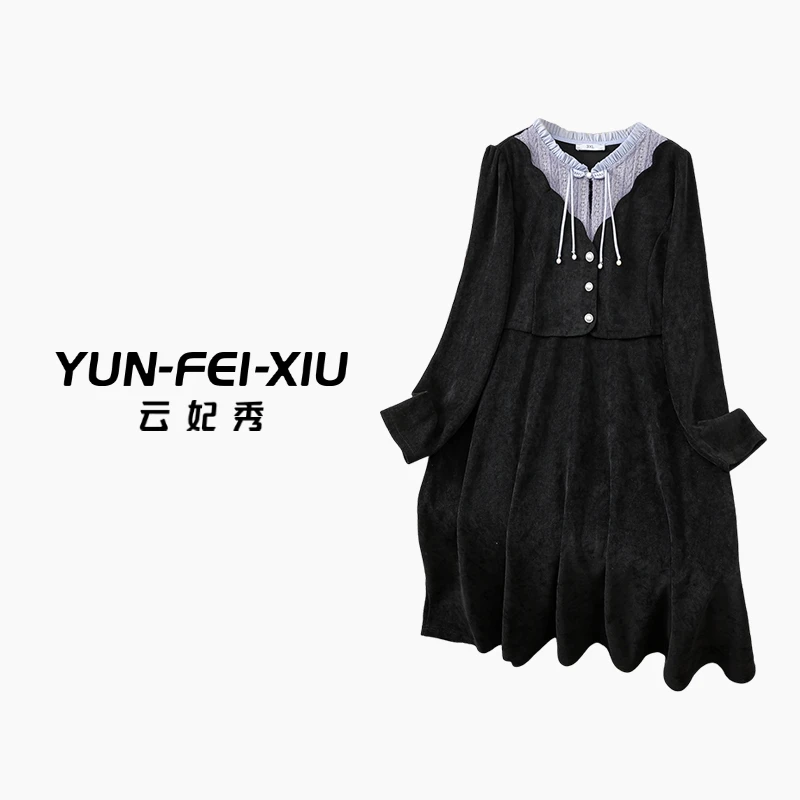 云妃秀大码女装连衣裙休闲胖mm假两件气质减龄拼接显瘦宽松冬5028