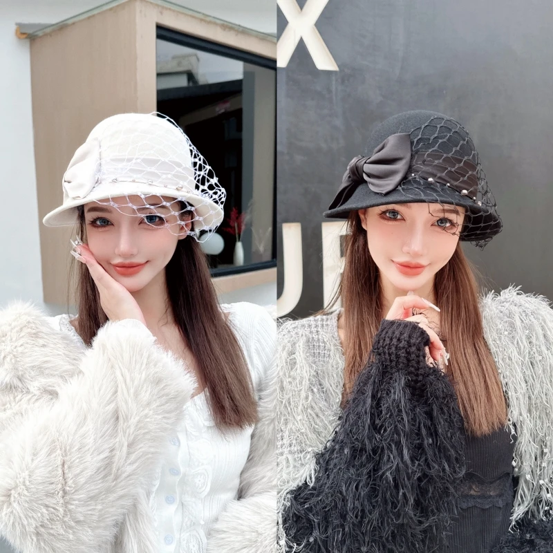 CREAMPP 原创优雅法式复古高端澳毛不规则帽檐多角度佩戴网纱盆帽