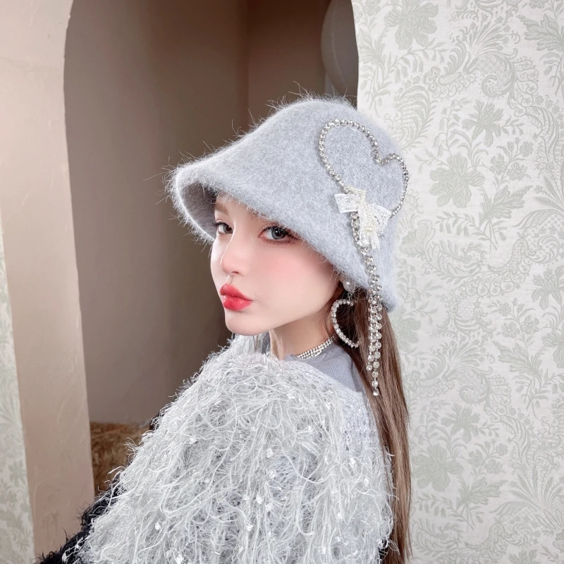 CREAMPP 原创甜美爱心流苏水钻兔毛针织显脸小盆帽百搭淑女渔夫帽