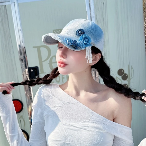 「蓝天白云」天空的颜色清新晕染水洗牛仔棒球帽山茶花流苏鸭舌帽