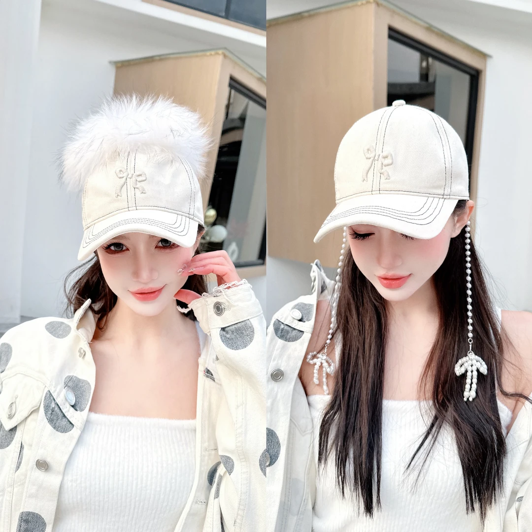 CREAMPP 原创春秋高颅顶棒球帽狐狸皮草潮款挂链刺绣蝴蝶结鸭舌帽