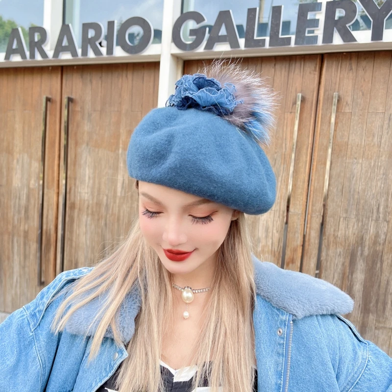 CREAMPP 秋冬韩系手工拼色网纱皮草羊毛少女减龄百搭贝雷画家帽