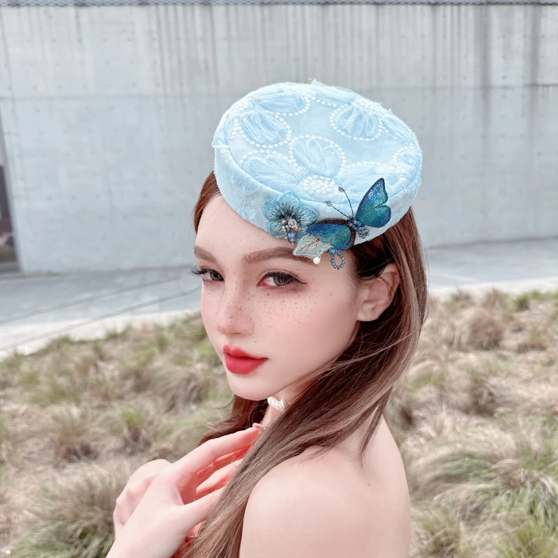 CREAMPP 水蓝蝴蝶网纱平顶礼帽  原创刺绣平圆型高颅顶发夹发饰帽