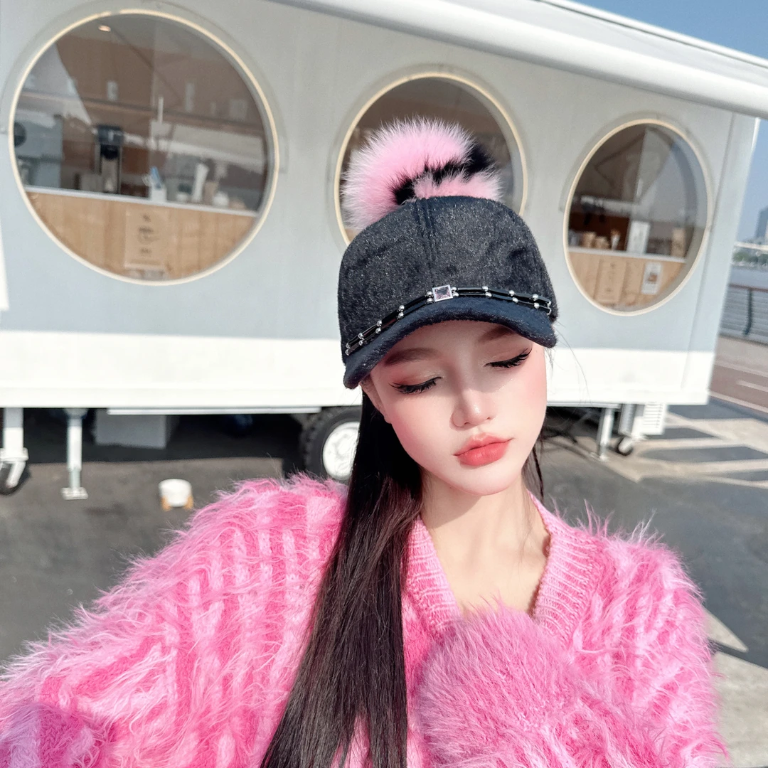 CREAMPP 原创秋冬黑色短绒粉黑狐狸毛球潮棒球帽高颅顶钻饰鸭舌帽