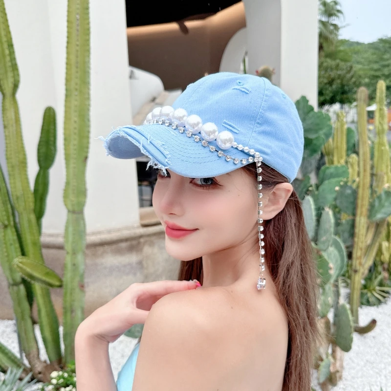 CREAMPP 春夏多巴胺少女天蓝色破洞牛仔球帽珍珠钻饰吊坠软鸭舌帽
