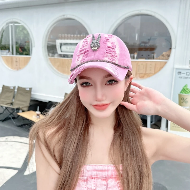 CREAMPP 原创美式复古球帽定位水做旧水钻兔头潮多巴胺元气鸭舌帽