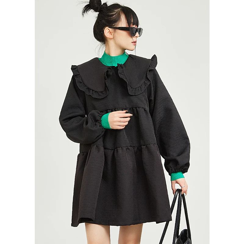 木果果木春秋款少女风萝莉裙黑色娃娃领a字木耳边连衣裙