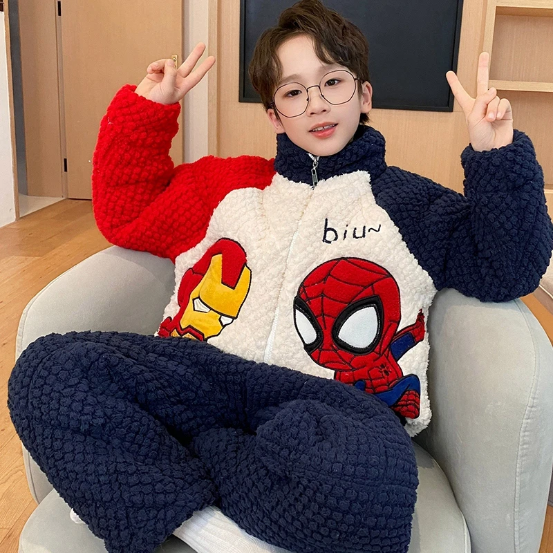bejirog/北极绒冬季新款男童珊瑚绒睡衣三层夹棉保暖家居服套装