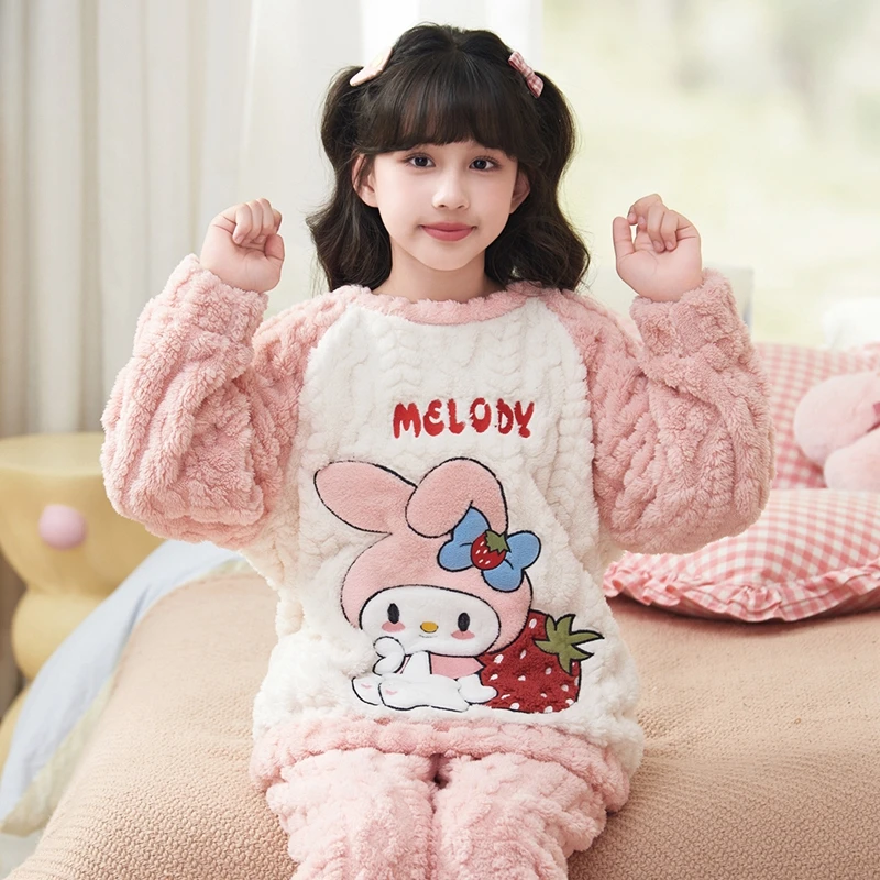bejirog/北极绒小女孩加厚保暖卡通可爱睡衣大童珊瑚绒家居服套装
