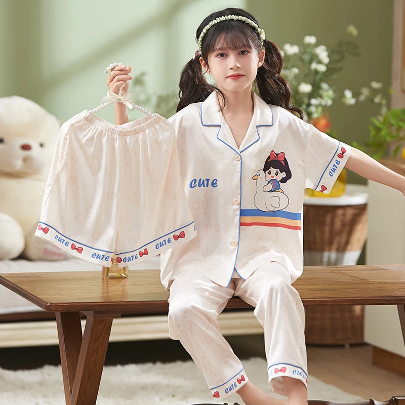bejirog/北极绒儿童睡衣冰雪丝夏季短袖三件套装女孩可爱家居服