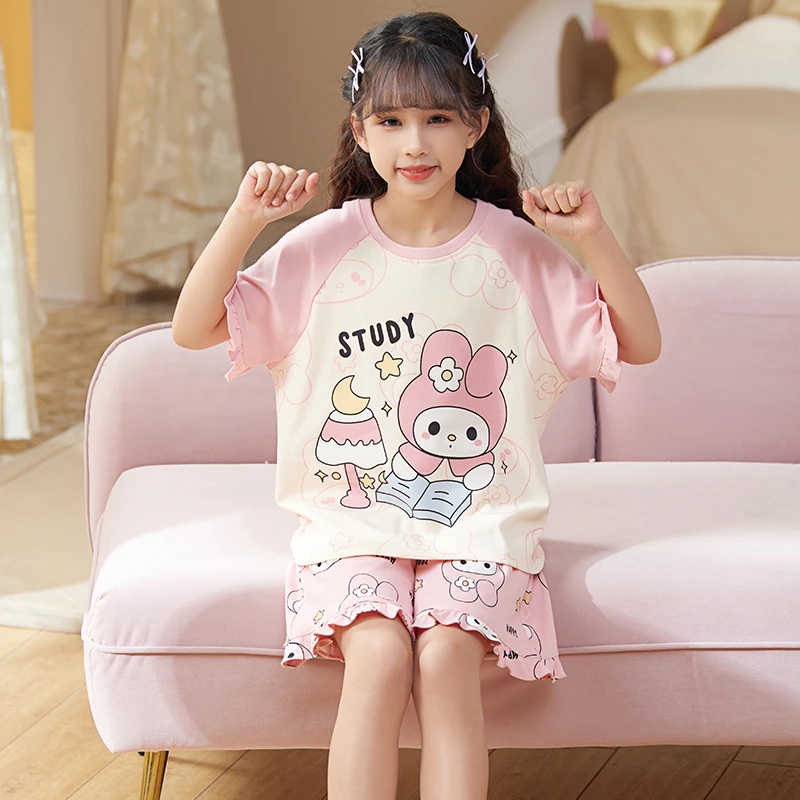 bejirog/北极绒小女孩夏季薄款纯棉睡衣套装中大童短袖透气家居服