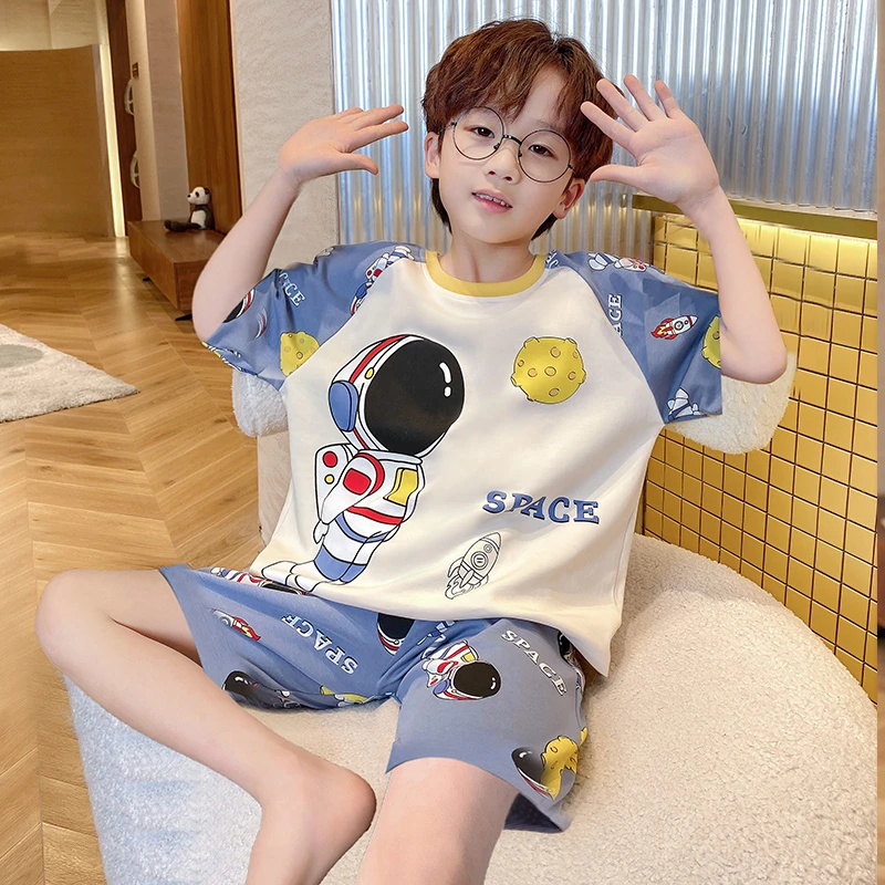 bejirog/北极绒男童睡衣短袖卡通太空人家居服睡衣套装中大童薄