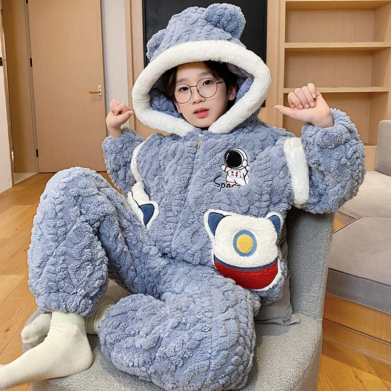 bejirog/北极绒中大童冬季新品可爱可外穿珊瑚绒三层夹棉男童睡衣