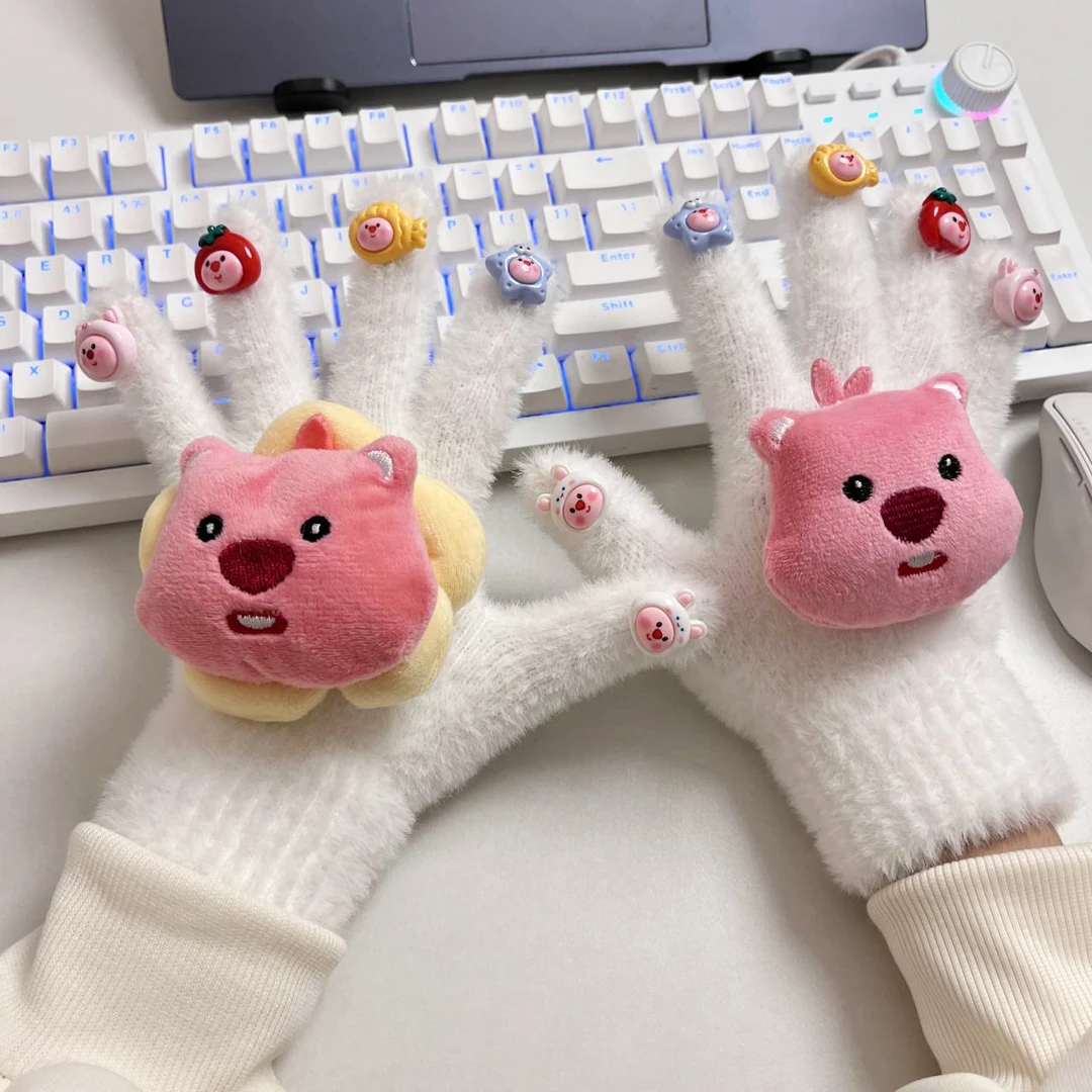 可爱小海狸毛绒围巾手套加绒学生冬季百搭骑行高颜值交叉露比围脖