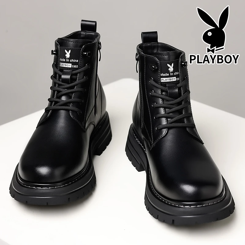 花花公子马丁靴2024秋冬新款百搭高帮工装靴真皮黑色厚底潮流皮鞋