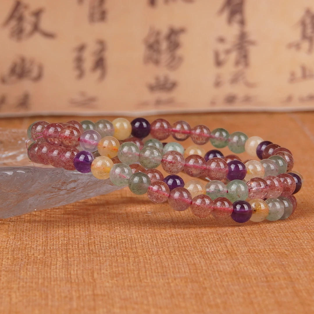 【书记甄选】天然五彩草莓晶三圈手链 多样性发一件5mm  XL1309