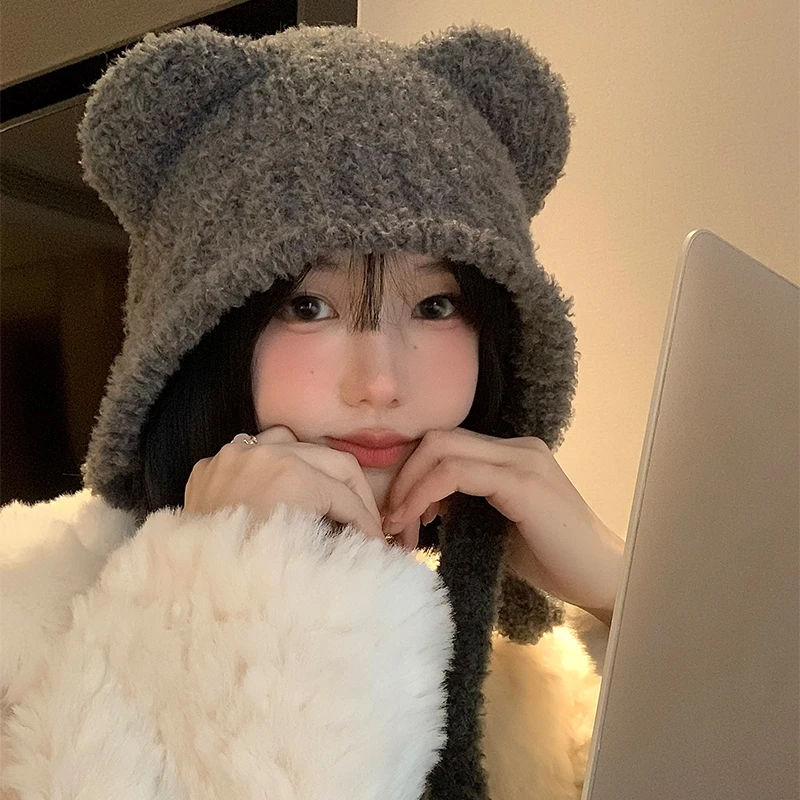 小熊耳朵帽子女秋冬季韩版可爱显脸小针织毛线帽灰色保暖护耳帽子