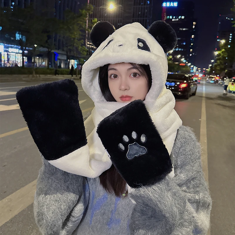 可爱熊猫帽子冬季保暖三件套帽子围巾一体帽女连手套毛绒茸小熊男