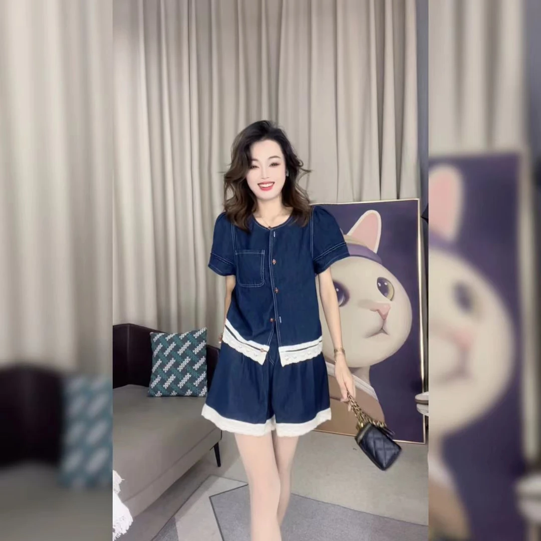 薄款透气牛仔短袖蕾丝花边衬衫女2024夏季新款休闲显瘦短裤两件套