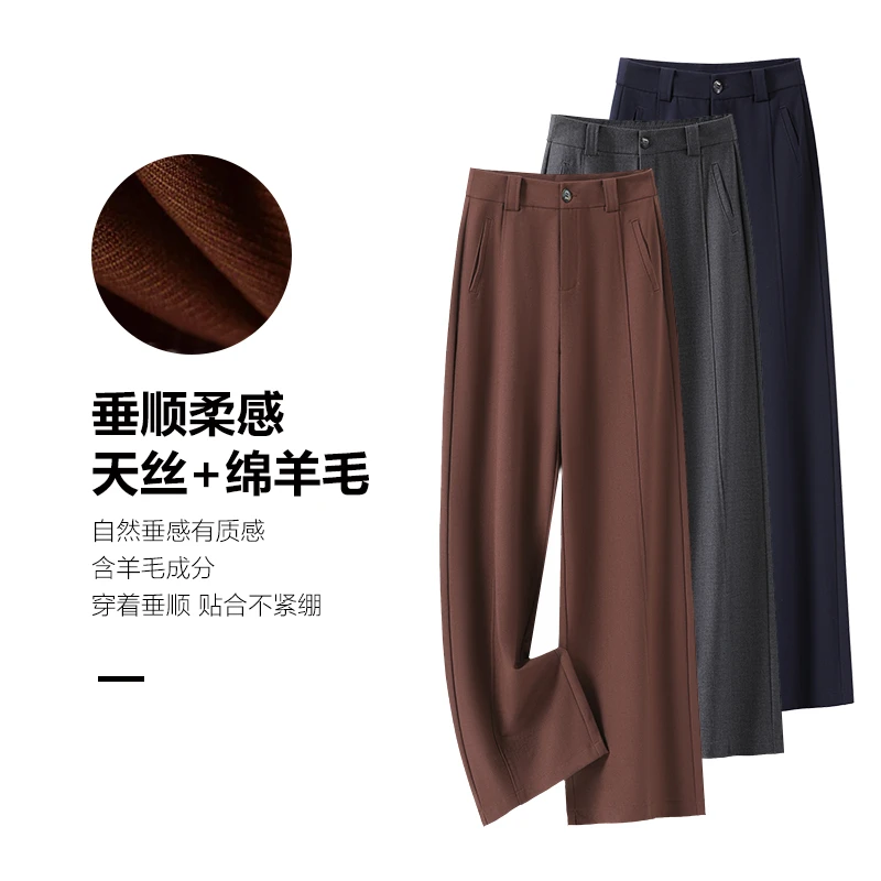 天丝绵羊毛垂感窄版直筒裤女2025年春秋季新款宽松阔腿西装休闲裤