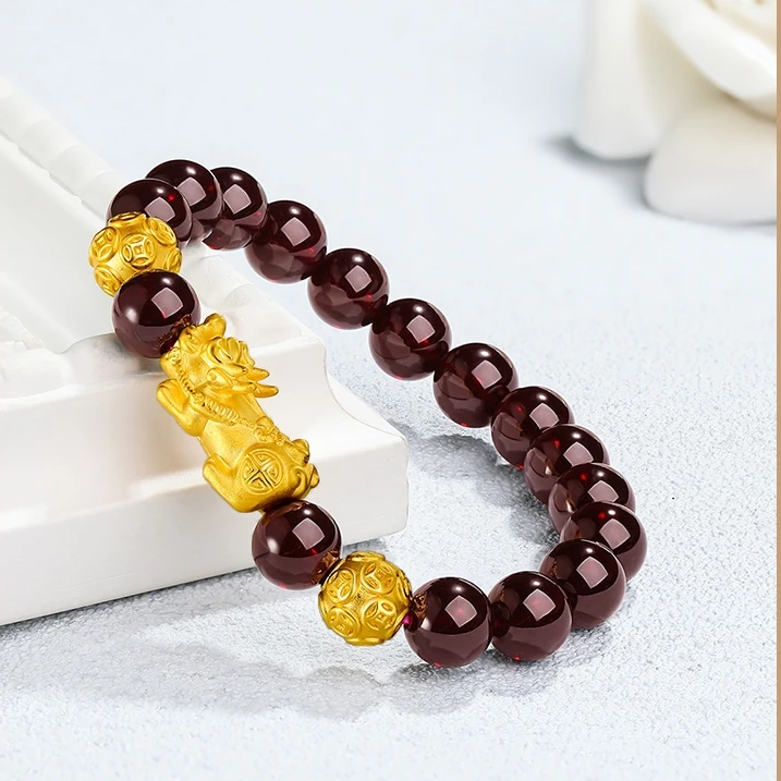 999足金貔貅手链女士3D硬金转运珠本命年黄金手镯送妈妈礼物女款
