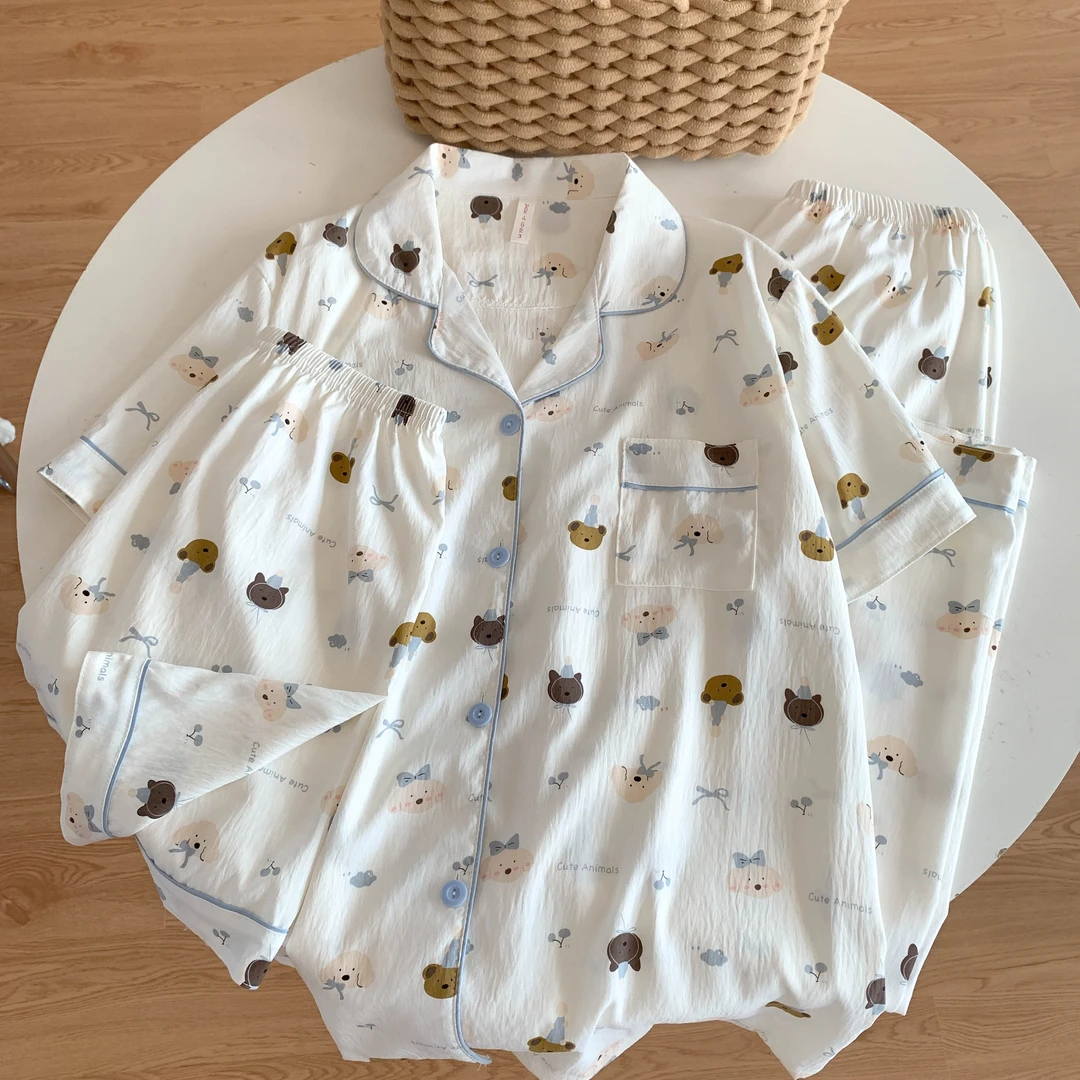 灰蓝小熊睡衣女夏季云朵棉可爱学生短袖短裤长裤三件套学生家居服