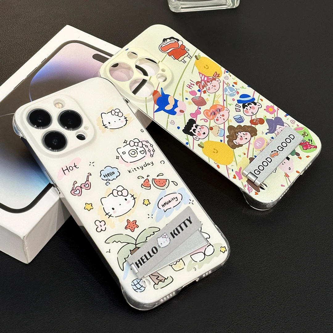涂鸦小新凯蒂无边框支架壳适用苹果15手机壳iPhone13/14/12硬壳11