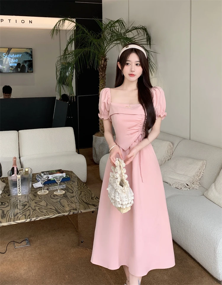 【运费补贴】夏季法式气质甜美修身显瘦假两件方领连衣裙
