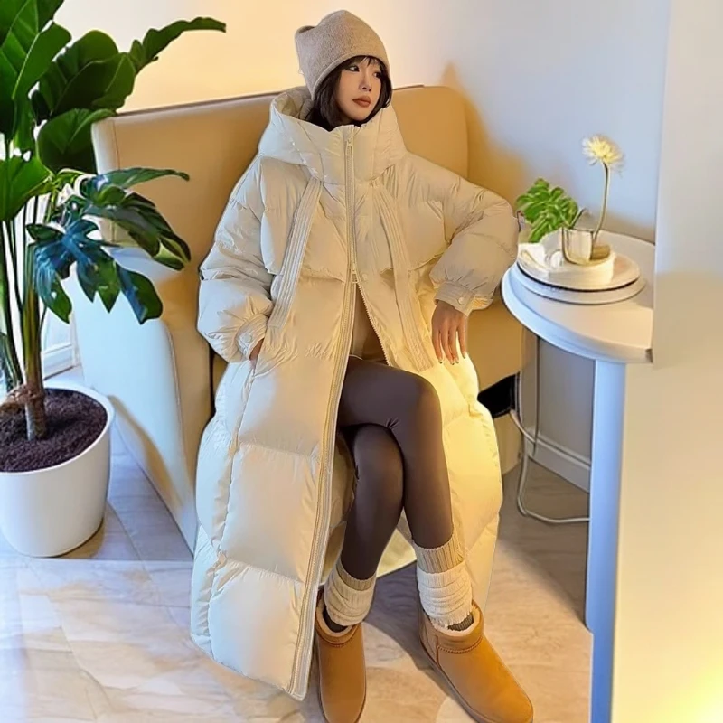 时尚秋冬新款韩版长款羽绒服连帽宽松过膝中长款冬季加厚外套