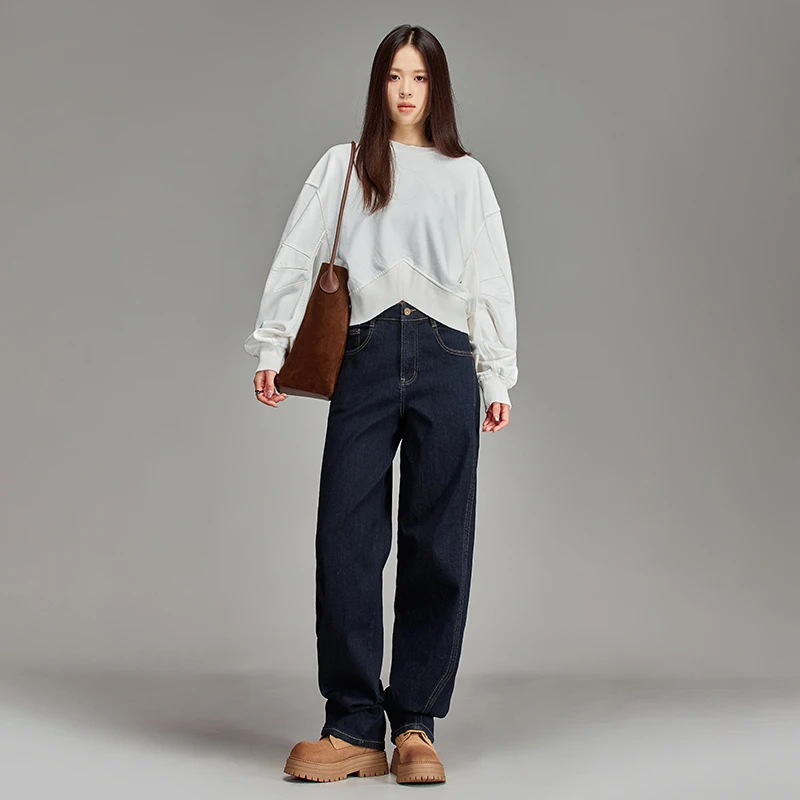 春夏新款丹宁蓝牛仔裤女高腰垂感破骨线高街后袋刺绣阔腿弯刀裤