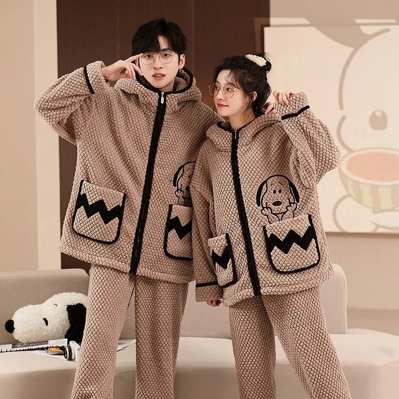 情侣睡衣秋冬款女士珊瑚绒男士加绒加厚卡通法兰绒连帽家居服套装