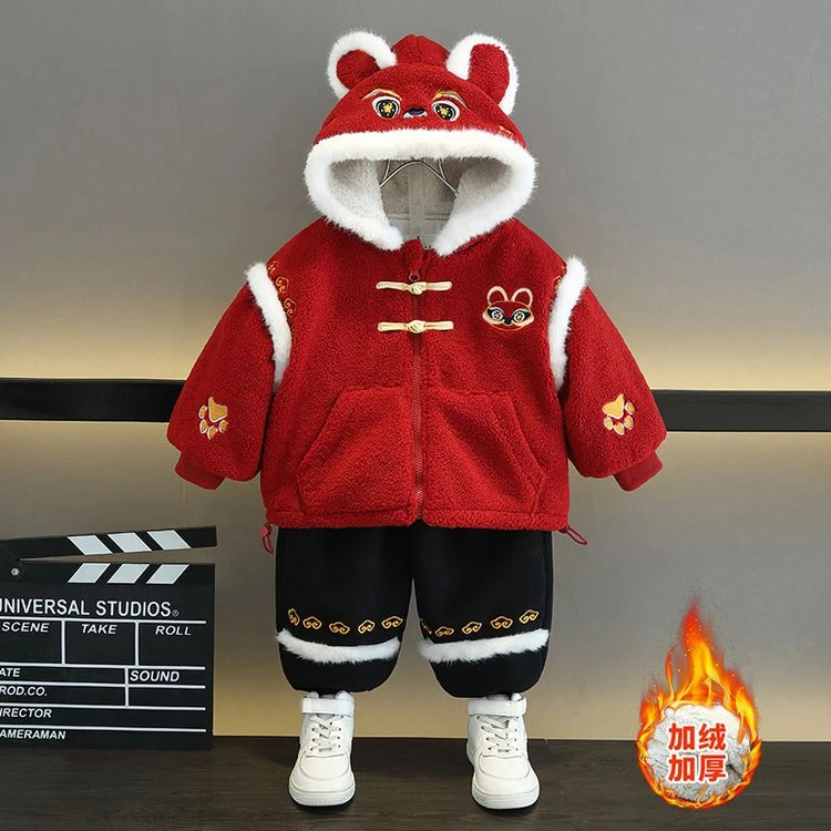 男童拜年服套装儿童冬季加绒加厚衣服宝宝冬装红色喜庆新年过年服