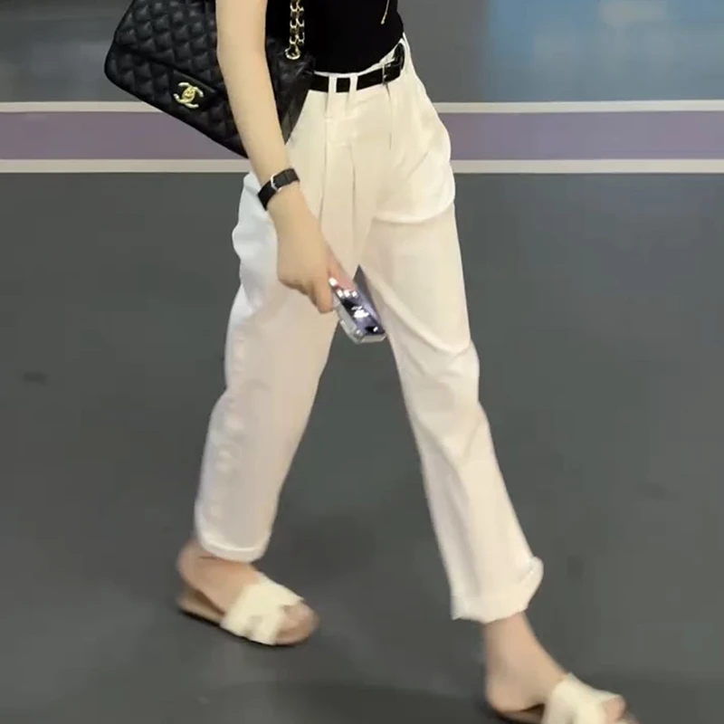 夏季薄款休闲裤子2025年新款显瘦白色小脚哈伦裤洋气高腰百搭显瘦