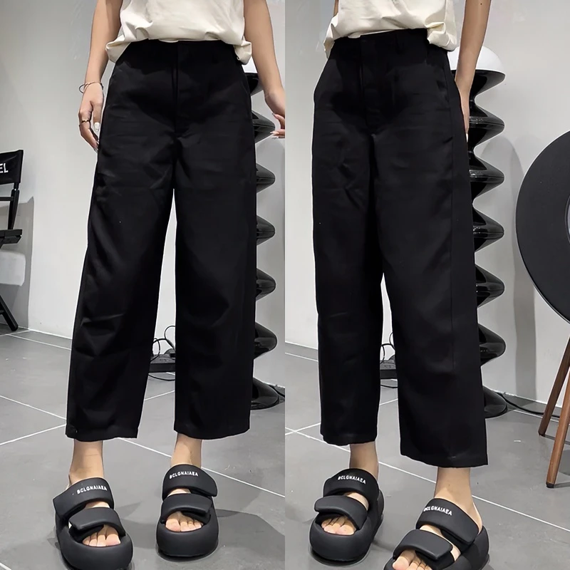 夏季薄款大码女装直筒窄版阔腿休闲裤子女九分裤黑色百搭宽松显瘦
