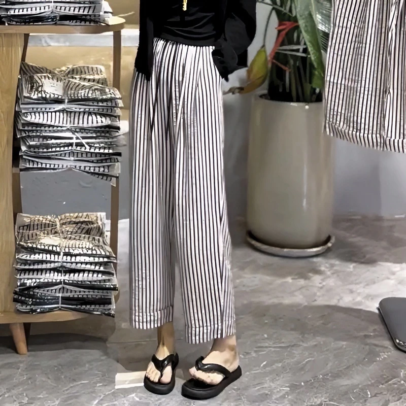 夏季薄款女士竖条纹休闲裤子2024夏季新款大码女装高腰百搭九分裤