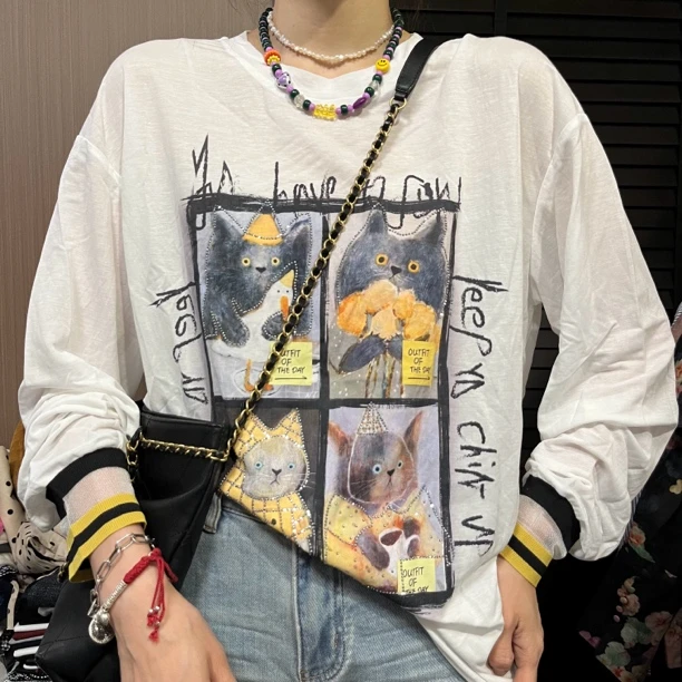 夏季新款重工猫咪印花罗纹长袖防晒t恤