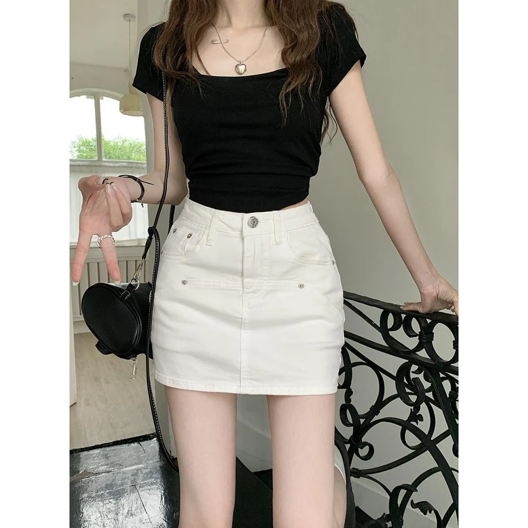 高腰弹力牛仔半身裙女装夏季2024新款白色裙子半裙小个子包臀短裙