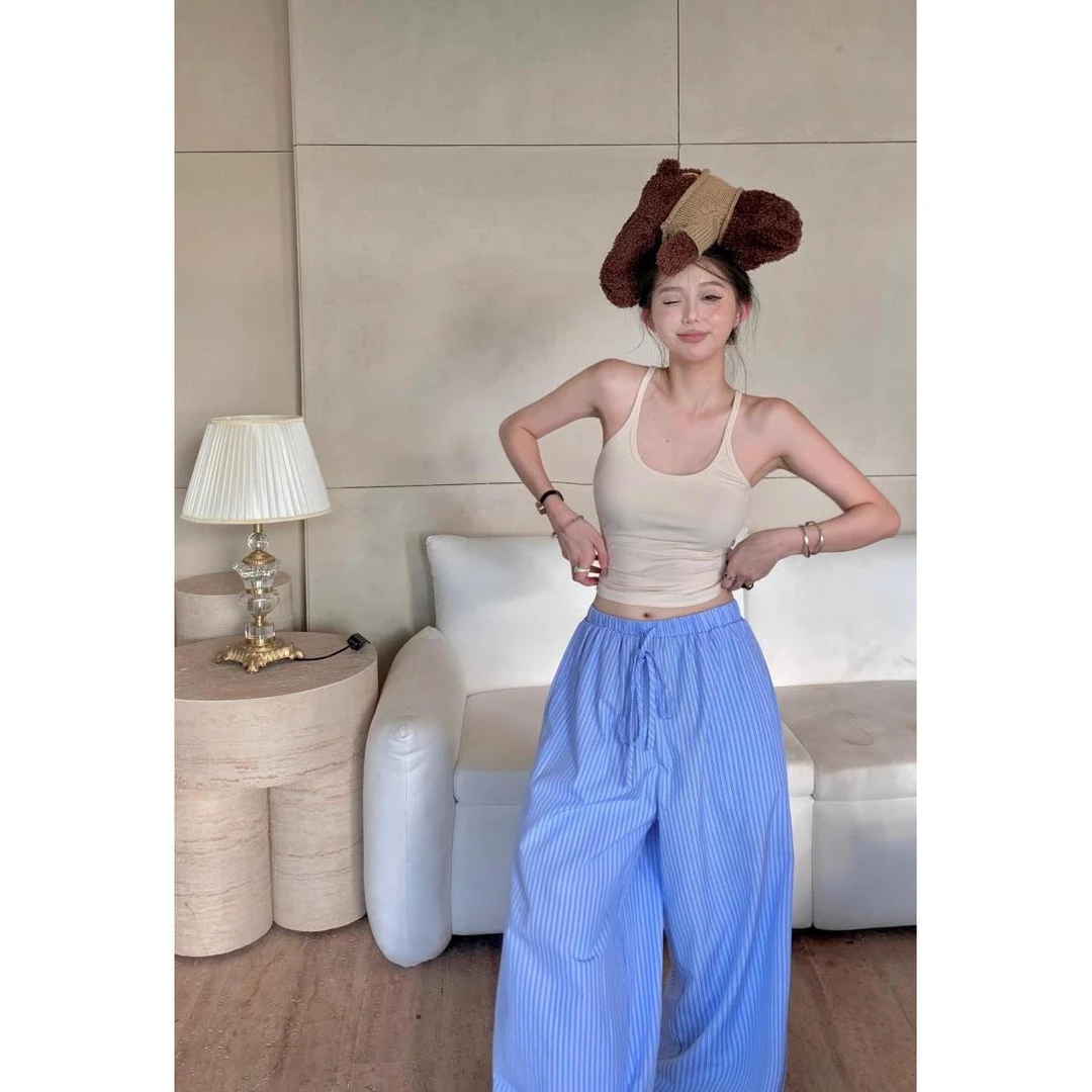 蓝色竖条纹休闲裤女春夏薄款垂感遛弯裤直筒裤子宽松阔腿拖地长裤