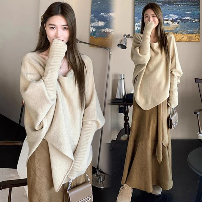 孕妇套装秋季新款不规则复古慵懒风针织衫孕妇抽绳半身裙时尚套装