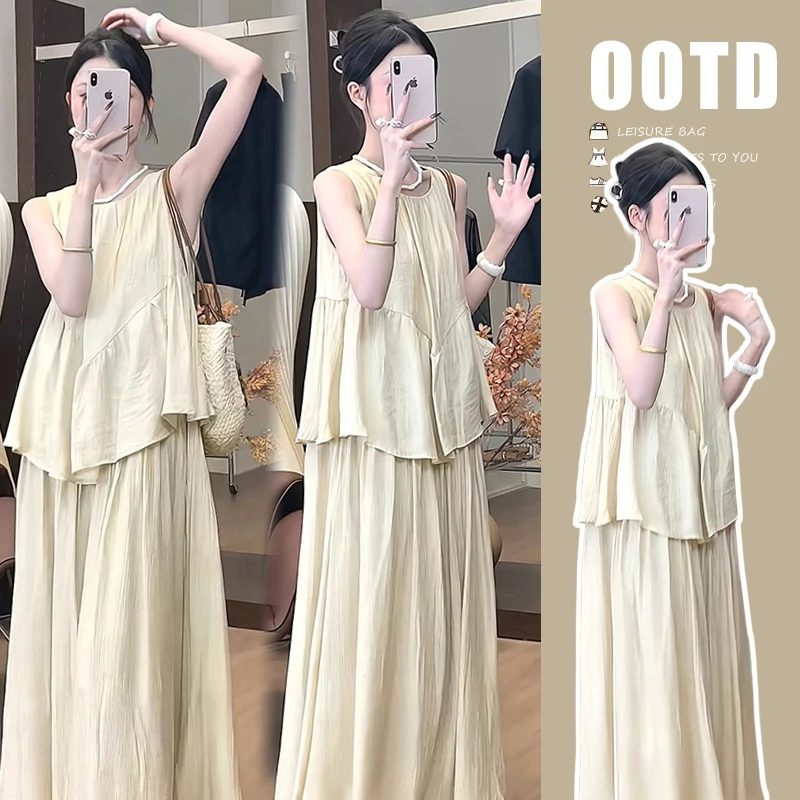 孕妇套装法式新中式国风时尚设计感无袖上衣+半身裙复古气质裙子