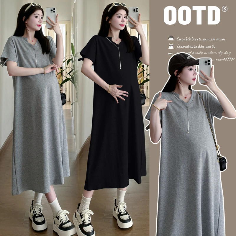 孕妇装夏季新款韩版简约宽松大码休闲装设计感V领时尚减龄连衣裙