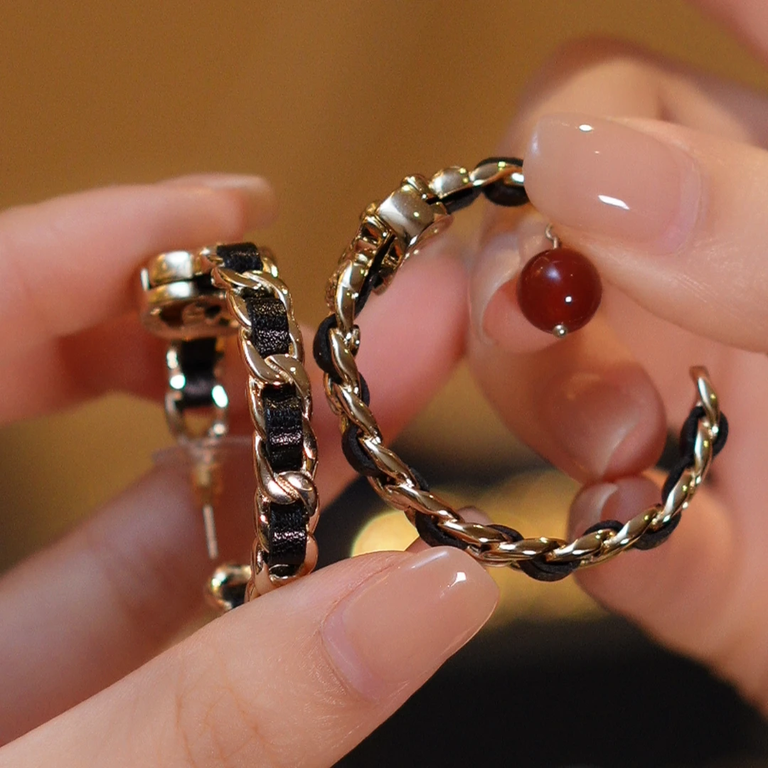 玛瑙纽扣编织耳圈HTHX0006变