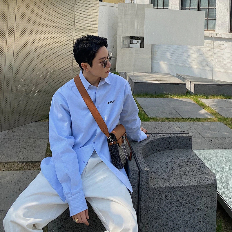 24KHOMMEXJUUNPET月亮刺绣条纹衬衫男宽松休闲长袖衬衣设计感春秋