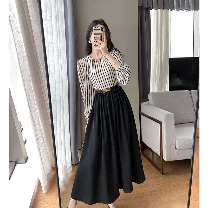 5008连衣裙小香风气质时尚法式名媛职业拼接长袖洋气高腰复古减龄