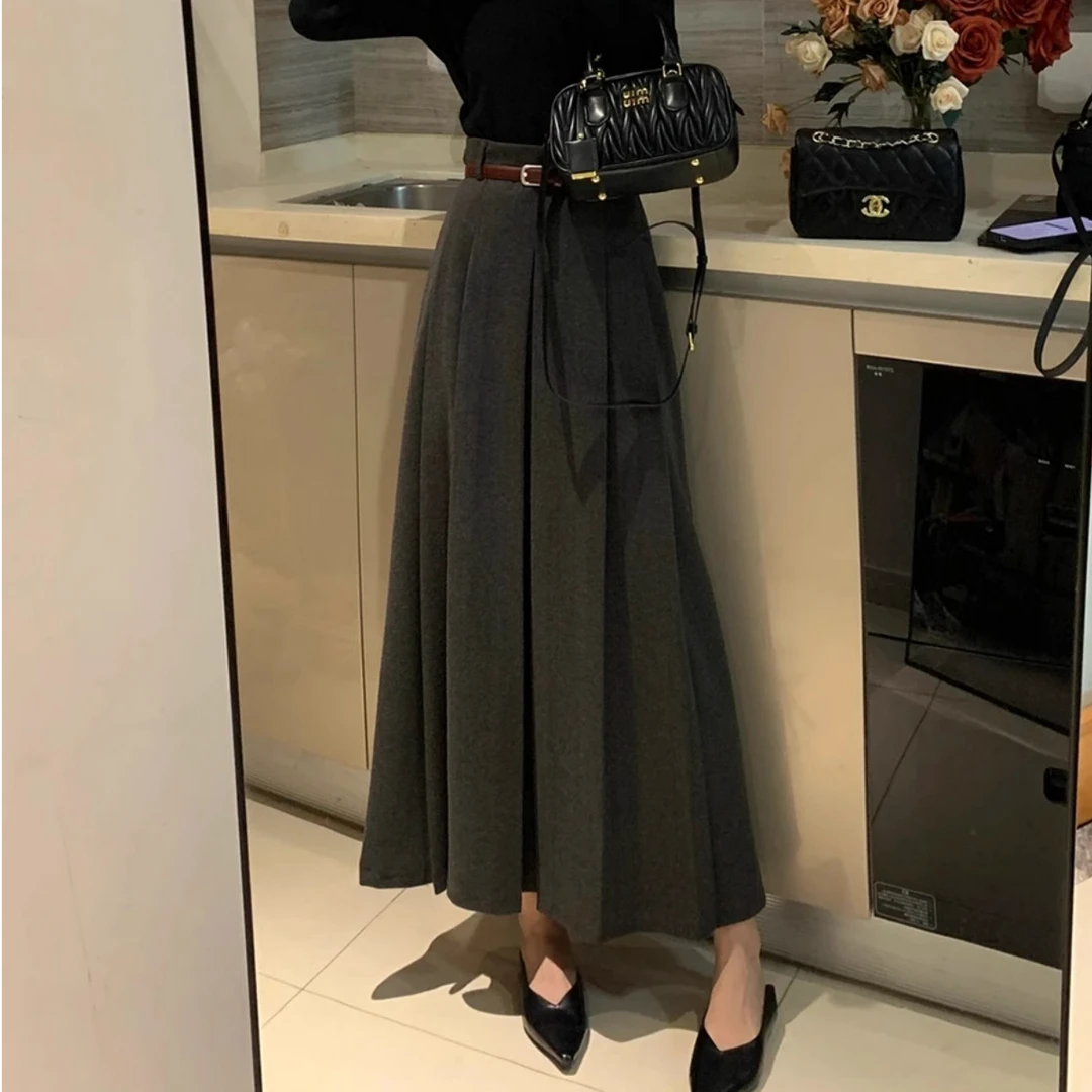 法式长款灰色毛呢半身裙秋冬气质2025年新款6080