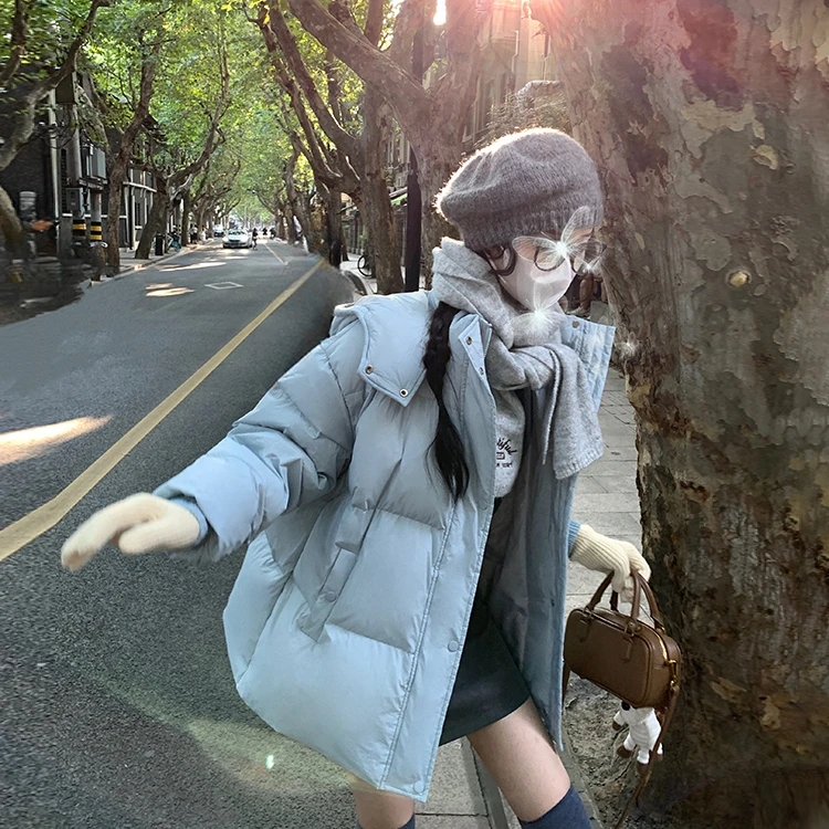 【丹丹崽专属】OKJJ蓝色短款羽绒服女冬新款韩版90白鸭绒连帽外套