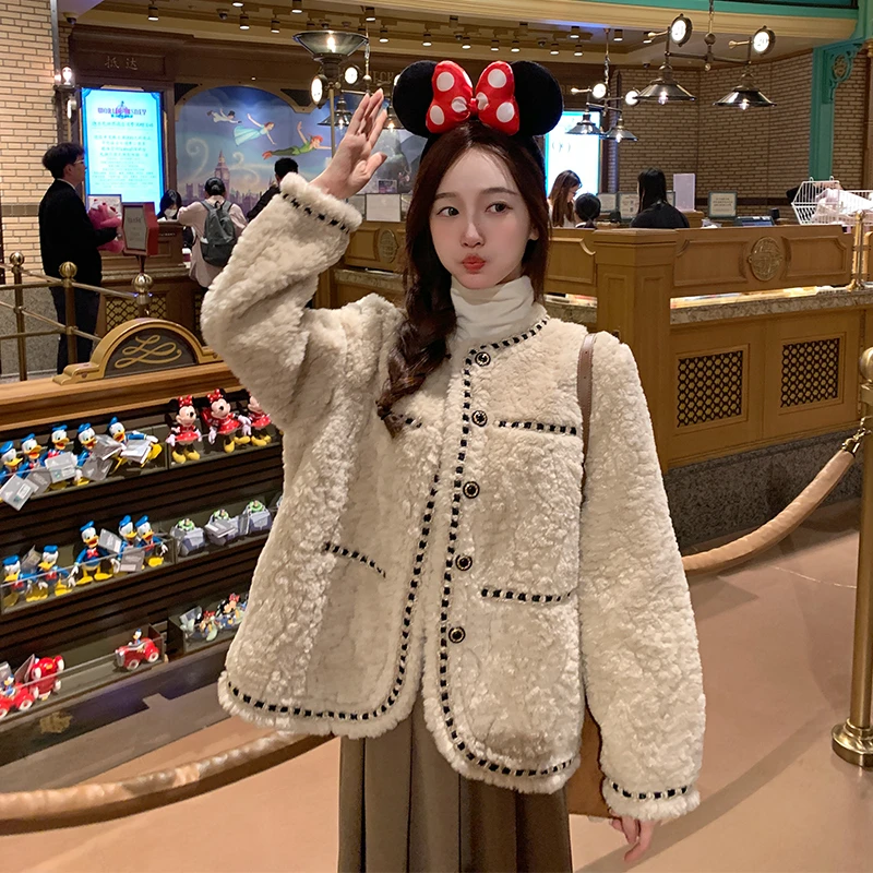 OKJJ杏色小香风毛毛外套女2024秋冬季新款韩版短款上衣