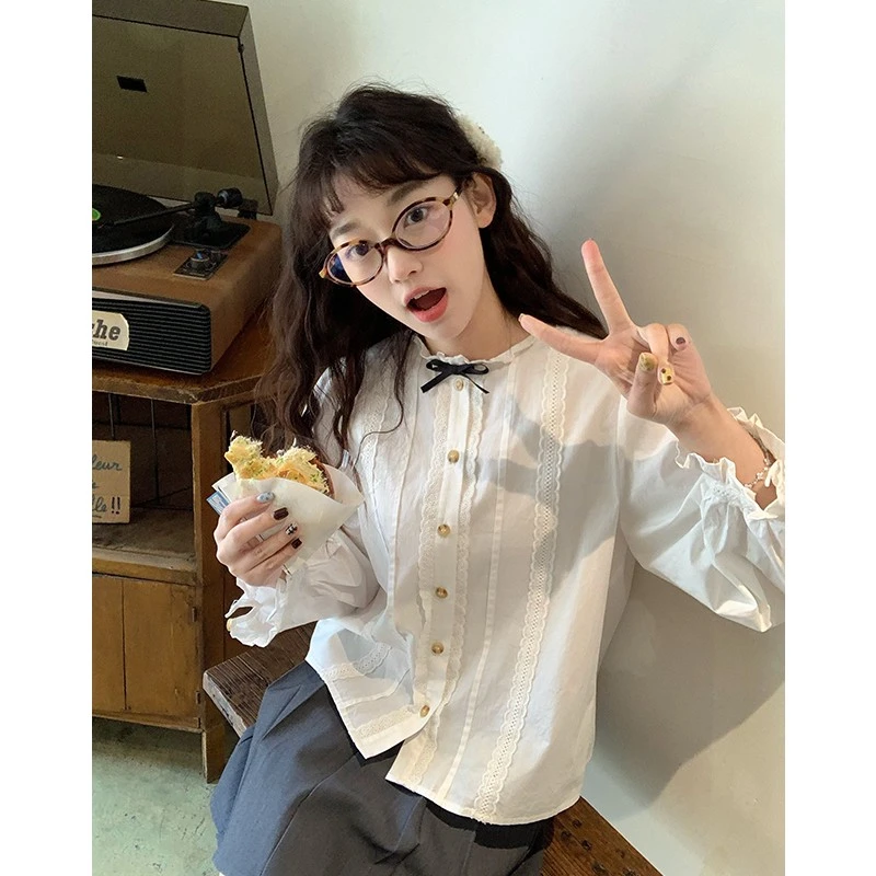 【曼曼专属】OKJJ白色蝴蝶结衬衫女2025春季新款小香风上衣长袖衬衣